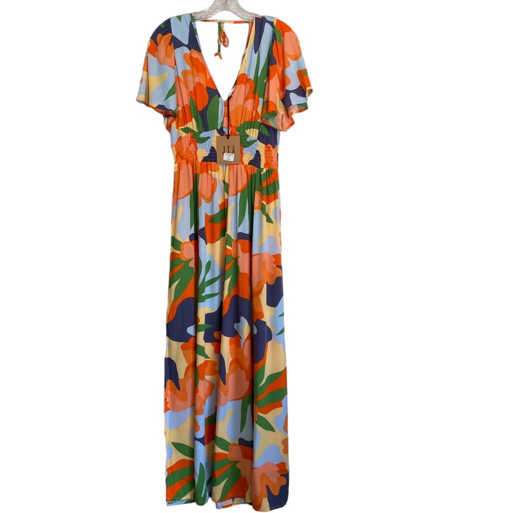 Abel the Label ATL Geometric Colorful Flutter Sleeve Maxi Dress Size M NEW